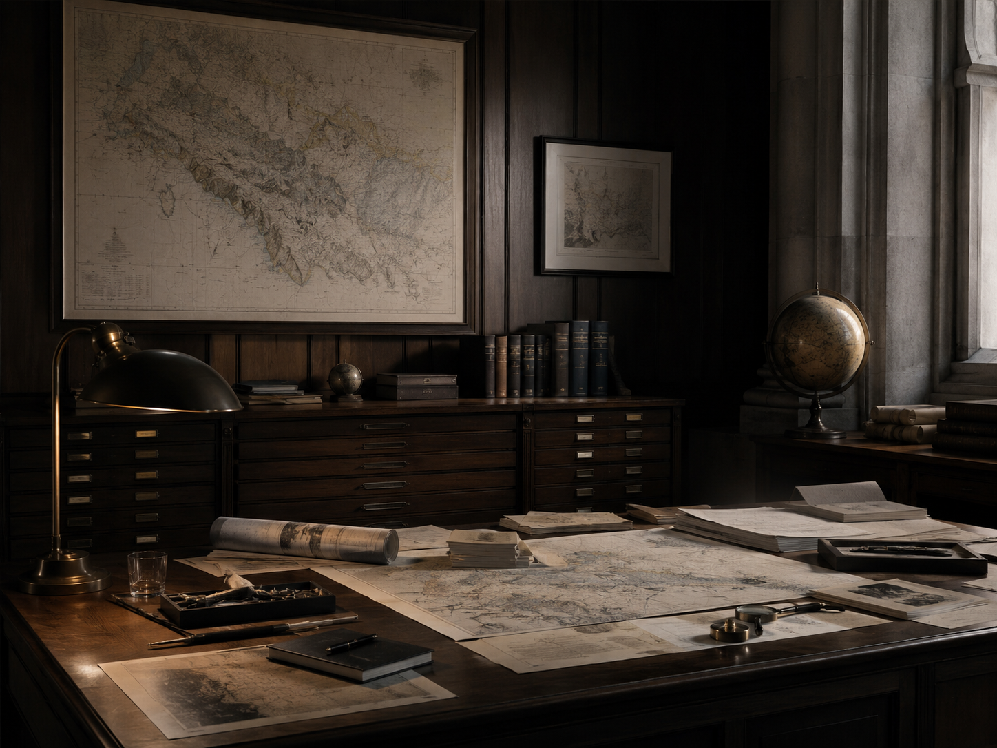 Cartographic study with maps and reference books