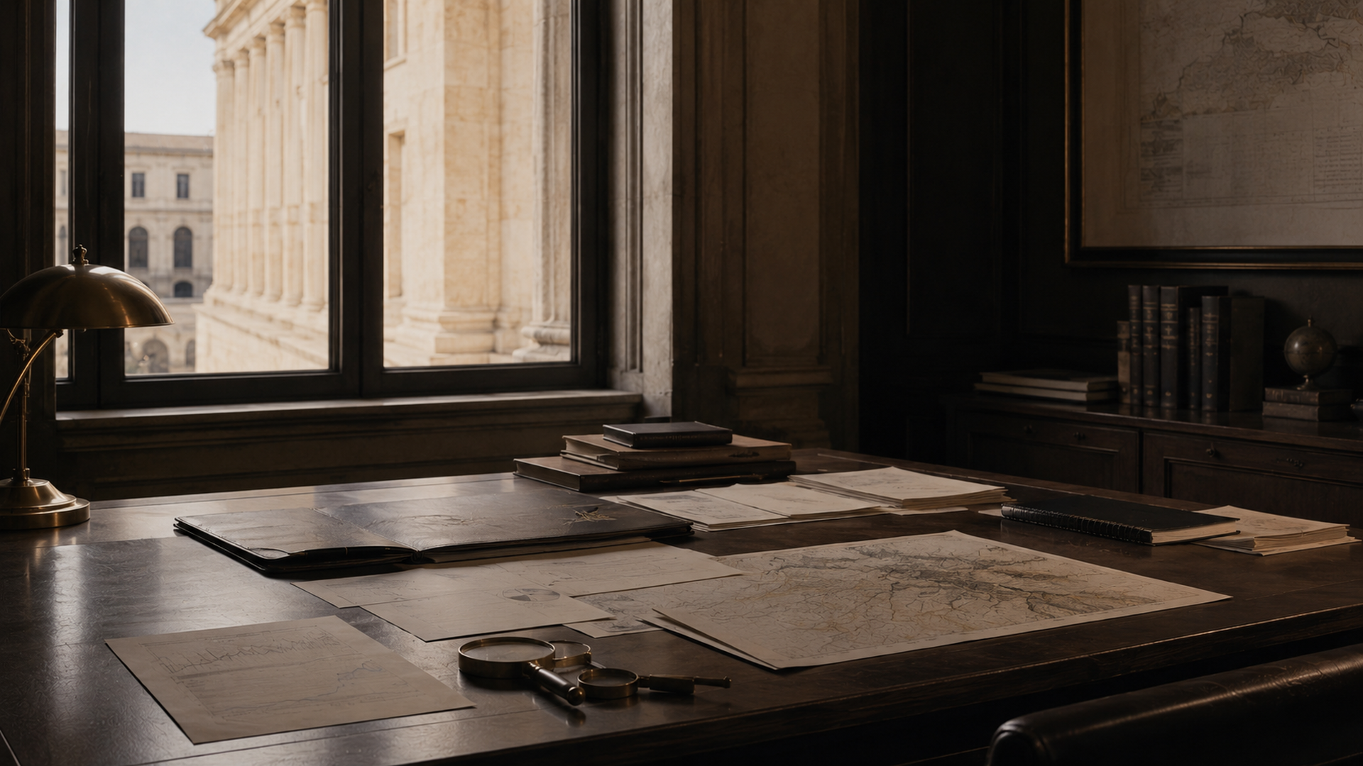 Financial documents and maps on a desk overlooking institutional architecture